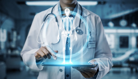 Medical professional interacts with digital human skeleton on tablet.の素材