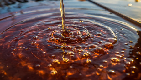 A stream of golden liquid flows into a pool causing ripples and bubbles.の素材
