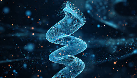 A digital representation of a DNA helix in blue light, symbolizing genetic research and technological advancement.の素材