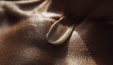 Close-up of sweaty skin with dew drops glistening under sunlight.の素材