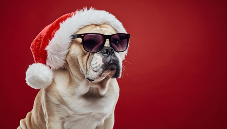 A dog in a Santa hat and sunglasses.の素材
