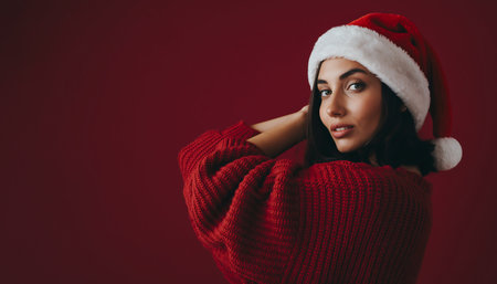 Young woman in red sweater and Santa hat posing in studio with red backdropの素材