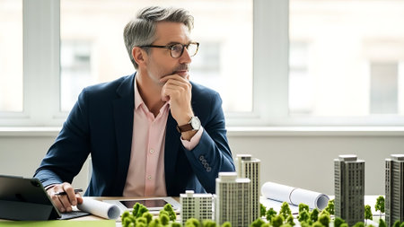 Man in suit examining miniature city model with rolled plans and laptop on deskの素材