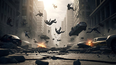 Illustration of a city street in chaos with people and debris flying through the air amidst burning cars and tall buildingsの素材