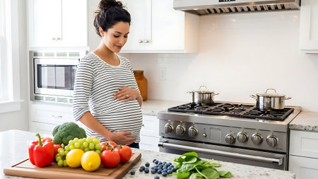 Pregnant woman in kitchen with fruits and vegetables.の素材