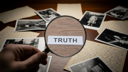 A hand holding a magnifying glass over documents and photographs on a wooden table, highlighting the word TRUTH.の素材