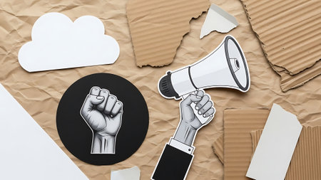 Illustration of a protest with a raised fist holding a megaphone on cardboard background.の素材