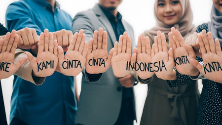 Diverse group of people showing hands with written words for love and Indonesia.の素材