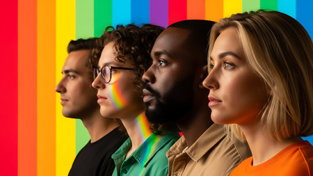 Four individuals from different ethnic backgrounds standing side by side, facing the same direction, with a rainbow light effect on their faces.の素材