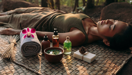 Woman relaxing on a woven mat with spa products and towels in a natural setting.の素材