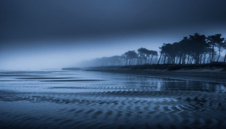 A peaceful beach at dusk with a line of trees on the shore, fog rolling in, and calm water reflecting the sky.の素材