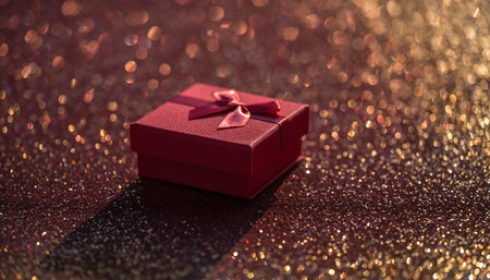 A red gift box with a ribbon on a glittery gold background.の素材