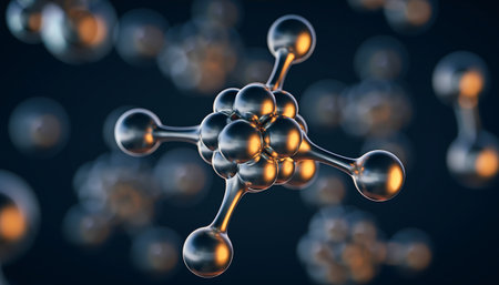 A detailed representation of a molecule with glowing orange highlights on its metallic surface.の素材