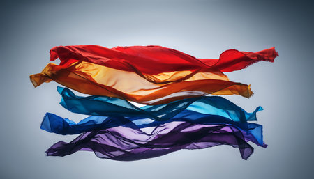 A mesmerizing arrangement of colorful fabrics flowing against a subtle gray backdrop.の素材