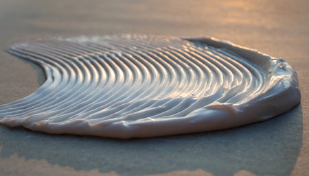 White cream dollop on beach sand with textured ridges reflecting sunlight in a serene environmentの素材