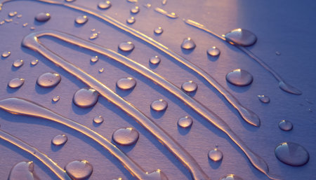 A close-up view of water droplets on a curved surface with golden reflections.の素材