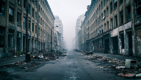 Abandoned urban street with dilapidated buildings and debris.の素材