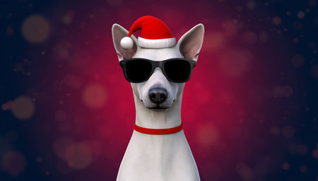 Illustration of a dog with sunglasses and Santa hat on a colorful background.の素材