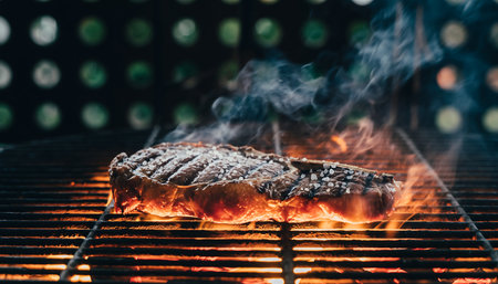 A grilled steak cooks over an open flame.の素材