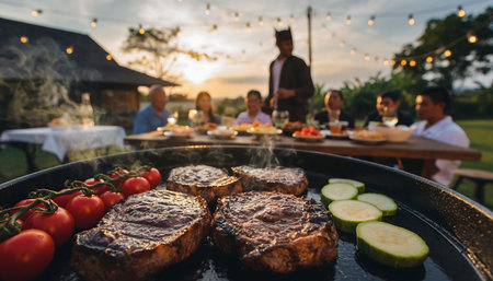 A barbecue grill with steak and vegetables in the foreground, people dining in the background at sunset.の素材