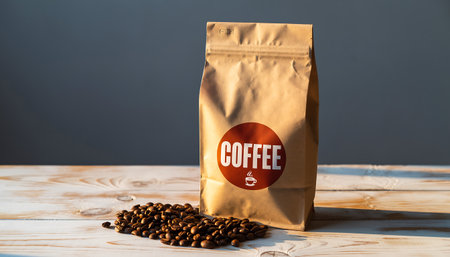 A coffee bag on a wooden surface with coffee beans nearbyの素材