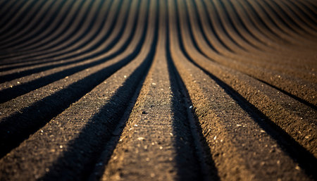 Tractor-made furrows stretch into the distance in a cultivated field.の素材