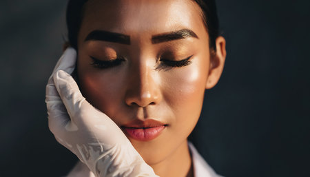 Close-up of a woman receiving a facial treatment.の素材