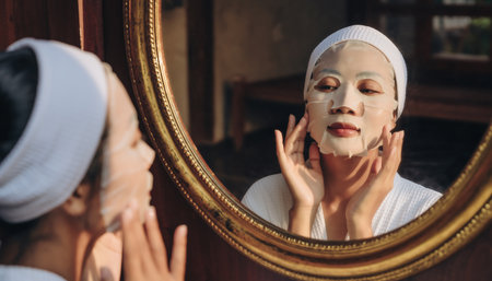 A woman with a towel on her head examines her face with a facial mask in a mirror.の素材