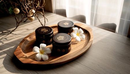 Black jars with golden designs on a wooden tray with white flowers on a light wooden table.の素材