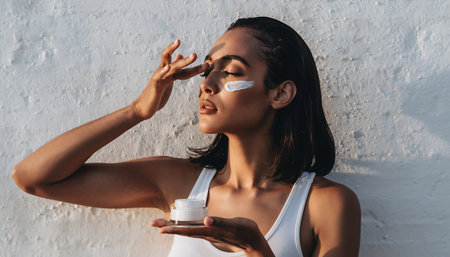 A woman with closed eyes and wet hair applies a white cream to her cheekbone, holding a jar of the product in her other hand. The scene is bathed in warm sunlight, creating a serene and natural beauty moment.の素材