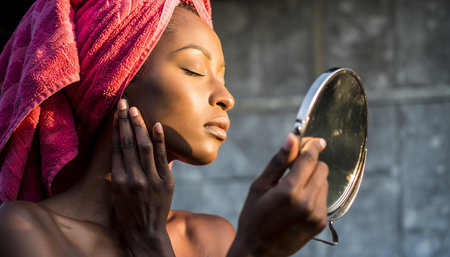 A close-up, side profile of a woman with her eyes closed, a towel wrapped around her head, and a hand mirror in front of her face, gently touching her cheek.の素材