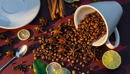 Coffee beans spill from a white mug onto a dark red surface. Aromatic cinnamon, star anise, and fresh lime slices create an inviting still life.の素材