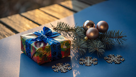 Gift wrapped in colorful paper with blue ribbon on a blue surface with pine and snowflakes.の素材