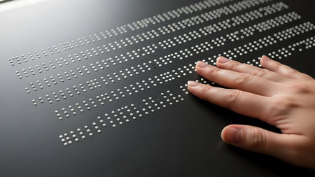 A close-up of a hand reading Braille text on a dark surface, emphasizing tactile reading and accessibility.の素材