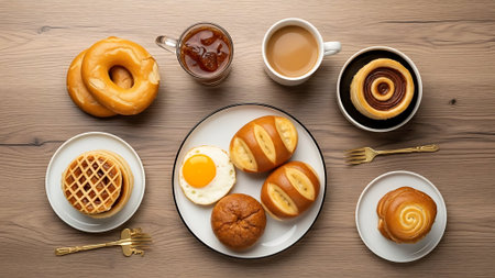 Overhead view of a wooden table with a variety of breakfast foods including donuts waffles and pastries.の素材