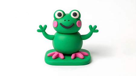 A green frog toy with pink feet and cheeks waves its arms.の素材