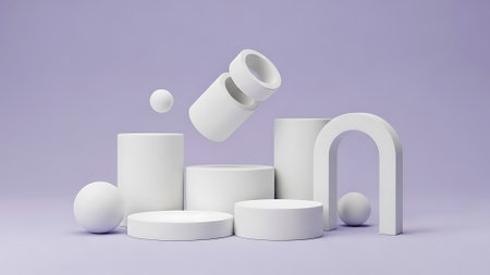 Minimalist 3D rendering of white geometric shapes on a soft purple background.の素材