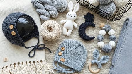 Baby items like hats and toys on a beige surface.の素材