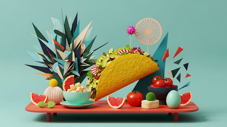 Colorful still life of food items on a table with decorative elements.の素材