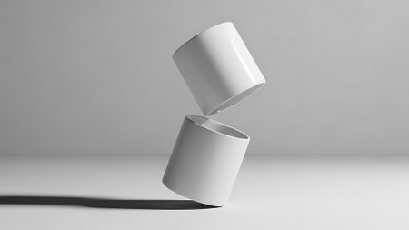 A clean, minimalist composition features two pristine white cylindrical containers stacked at an angle, casting soft shadows on a bright studio background, symbolizing balance and design simplicity.の素材