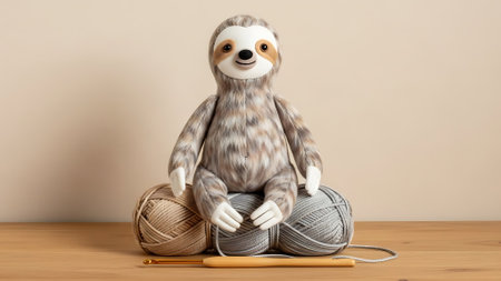 A stuffed sloth sits on yarn balls with knitting needles on a table.の素材