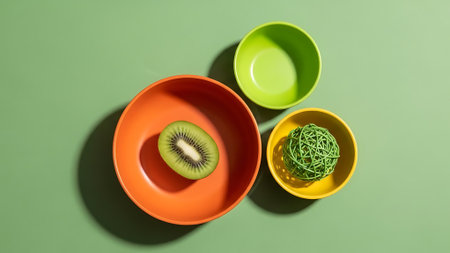 Colorful bowls with food on a green background with shadowsの素材