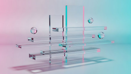 A 3D rendering of layered transparent glass surfaces with reflective spheres against a soft pink and blue gradient background.の素材