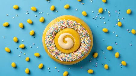 A delicious donut with sprinkles and creamy topping, surrounded by candy on a blue background.の素材