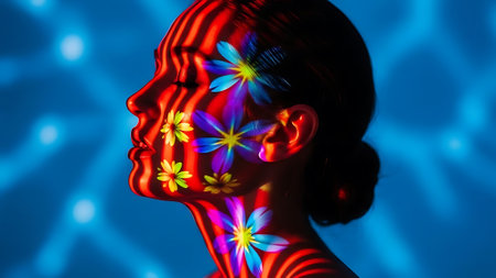 Surreal portrait of a woman with floral patterns and stripes on her face and neck.の素材