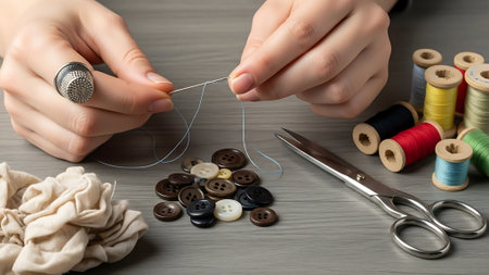Hands threading a needle with colorful threads and buttons nearby.の素材