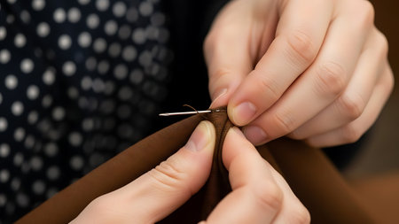 Close-up of hands threading a needle with brown fabric for a sewing project.の素材