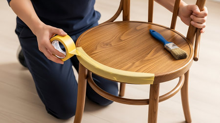 A person kneels on the floor, taping a wooden chair for painting.の素材
