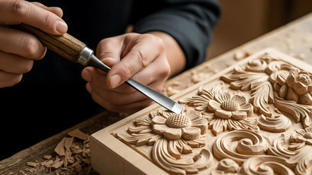 Close-up of hands carving wood.の素材