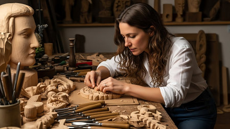 A female artist works on a wood carving in her workshop.の素材
